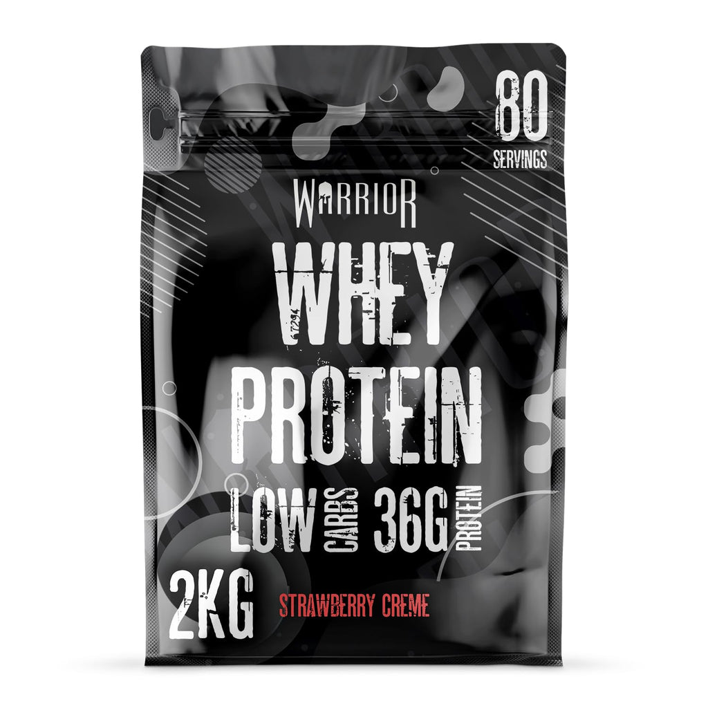 Black Warrior Whey Strawberry Creme protein pouch with low sugar and 36g protein per serving