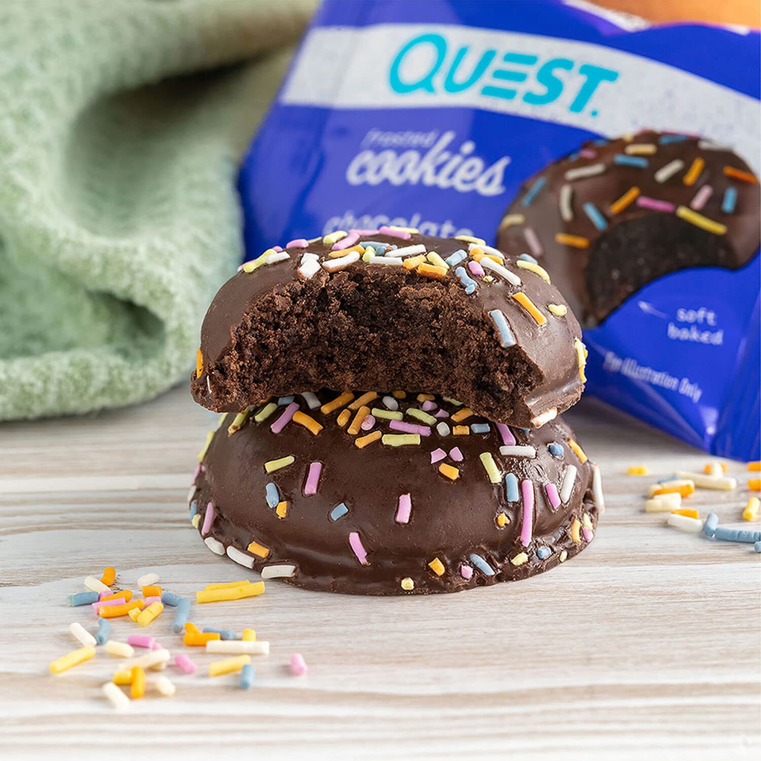Quest Frosted Cookies twin packs with chocolate cake frosting and colorful sprinkles