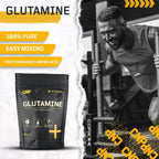 Black stand-up pouch of CNP Glutamine with pure L-glutamine monohydrate for muscle recovery