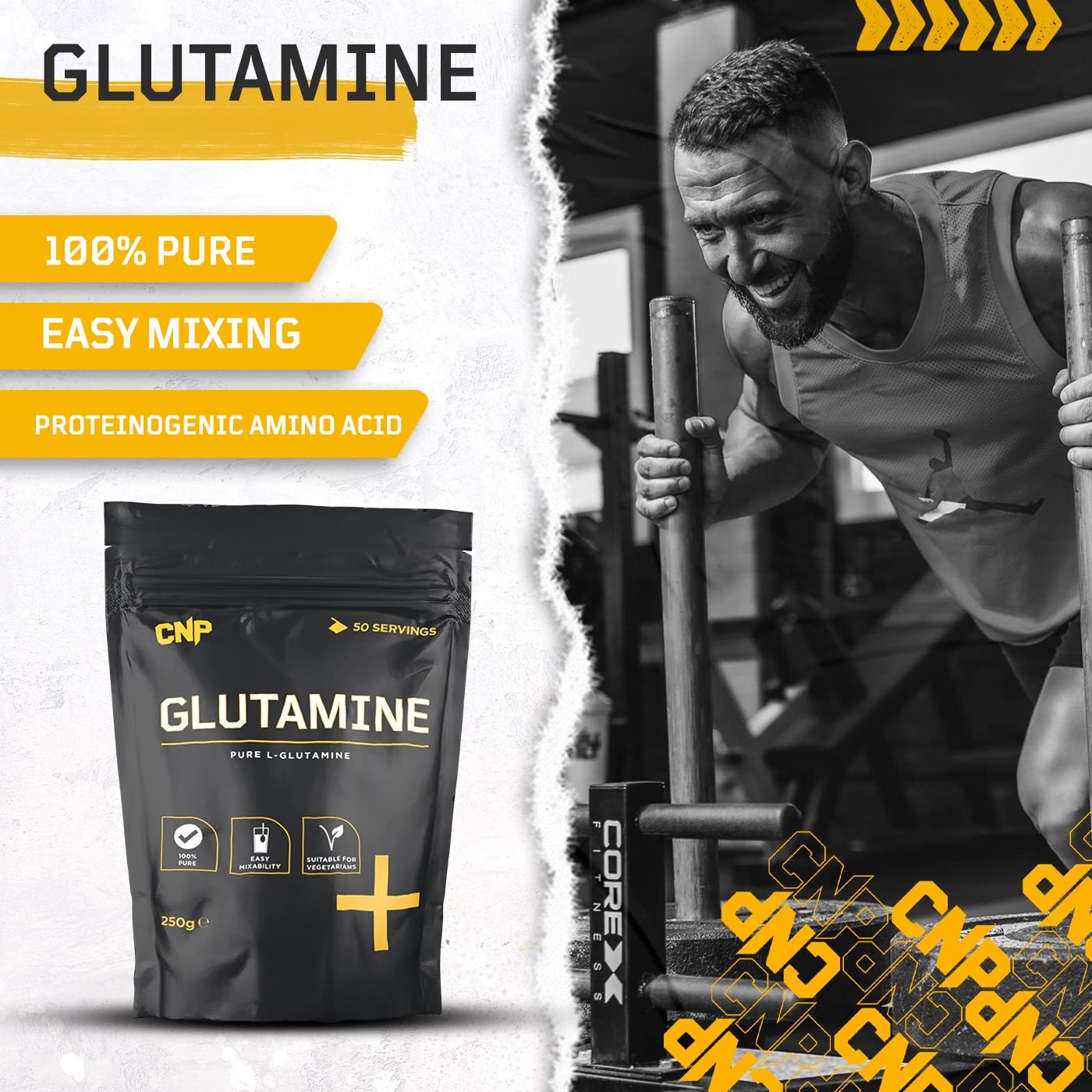 Black stand-up pouch of CNP Glutamine with pure L-glutamine monohydrate for muscle recovery