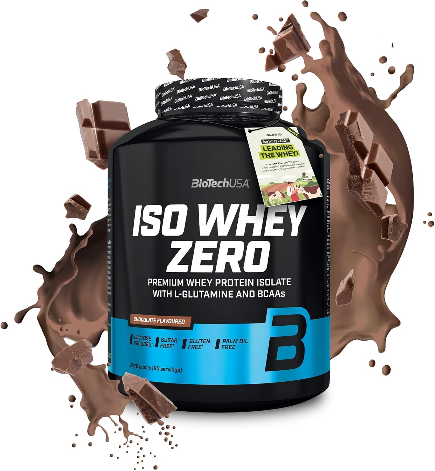 Chocolate-flavored Biotech USA Iso Whey Zero Lactose Free protein powder for muscle gain