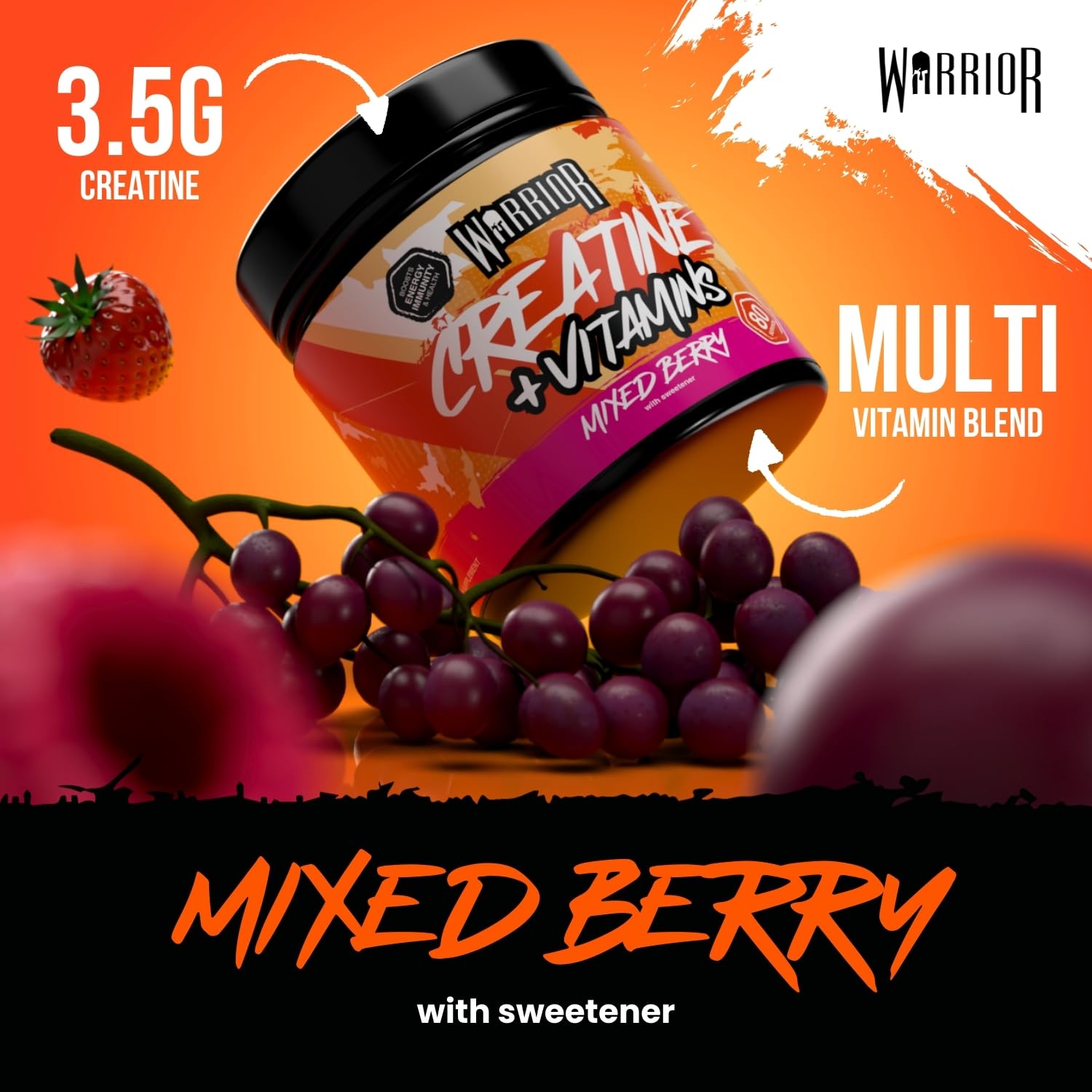 Warrior Creatine Plus Vitamins with mixed berry flavor on Guinness Road shelf