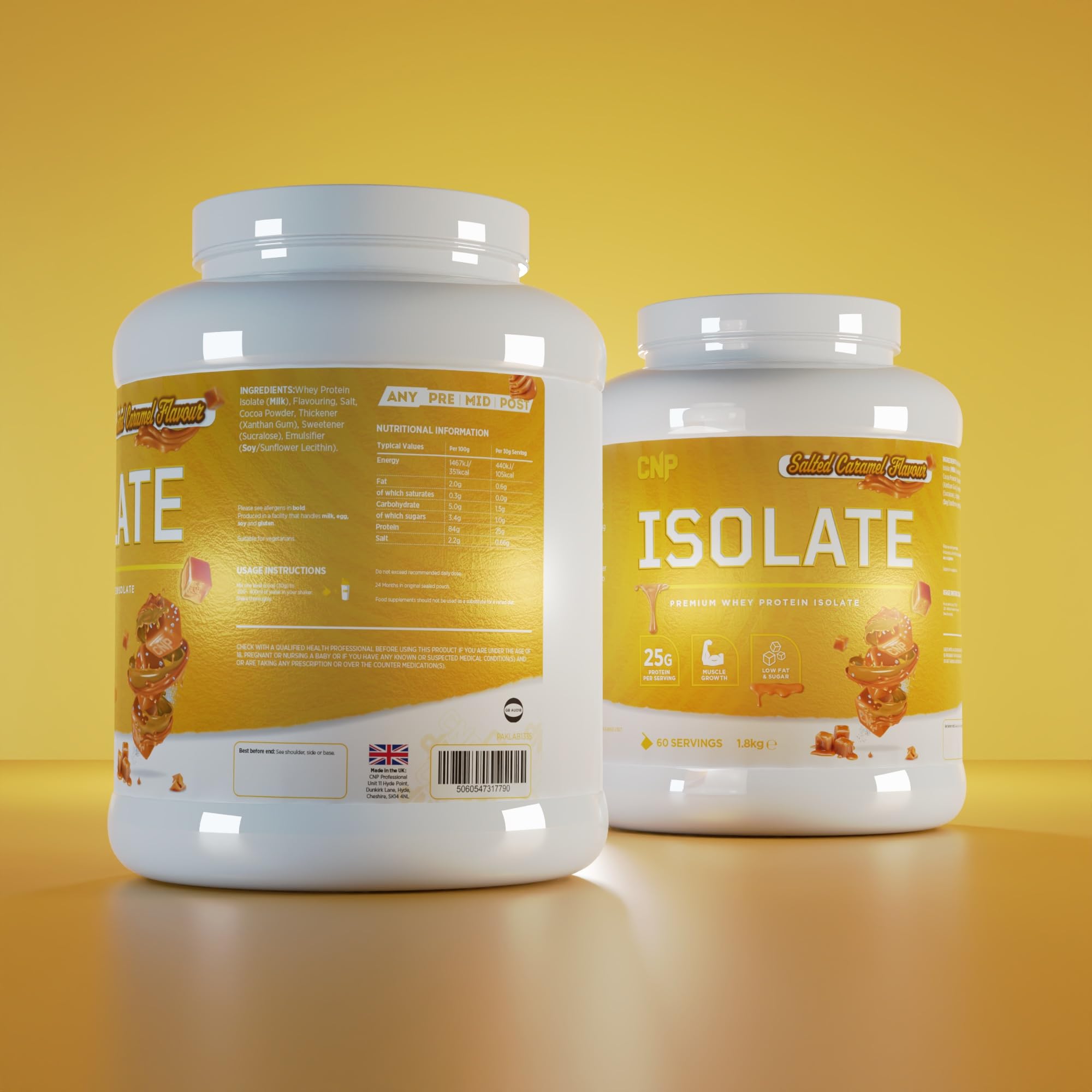 Two CNP Isolate tubs with yellow labels showing dessert images, highlighting whey protein isolate and essential amino acids