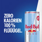 Chilled Red Bull Zero energy drink can showing Red Bull branding and sleek design