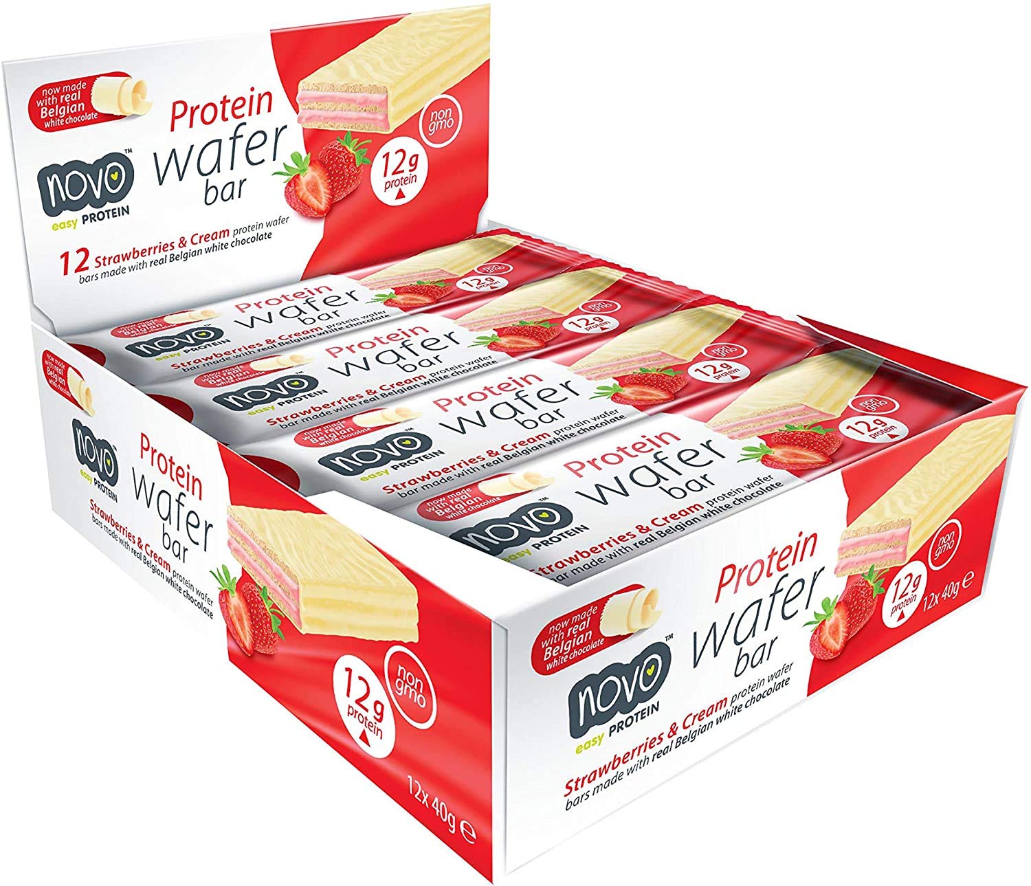 Novo Protein Wafer Bar in Strawberries & Cream with 12g protein and Belgian white chocolate