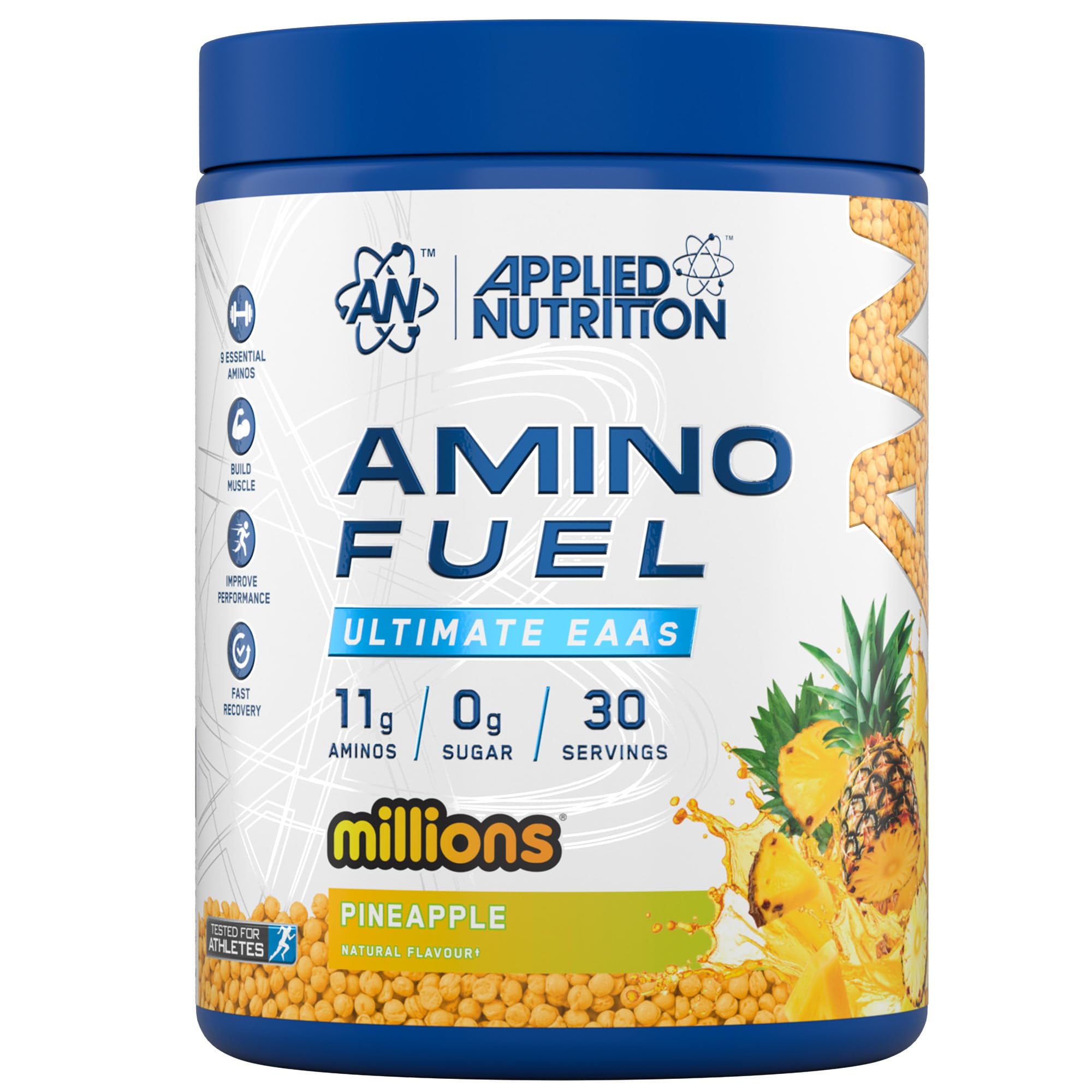 Pineapple-flavored amino acid supplement in a blue tub for muscle recovery and hydration