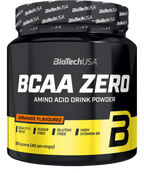 Black and yellow BioTech USA BCAA Zero container for orange flavored lean muscle drink