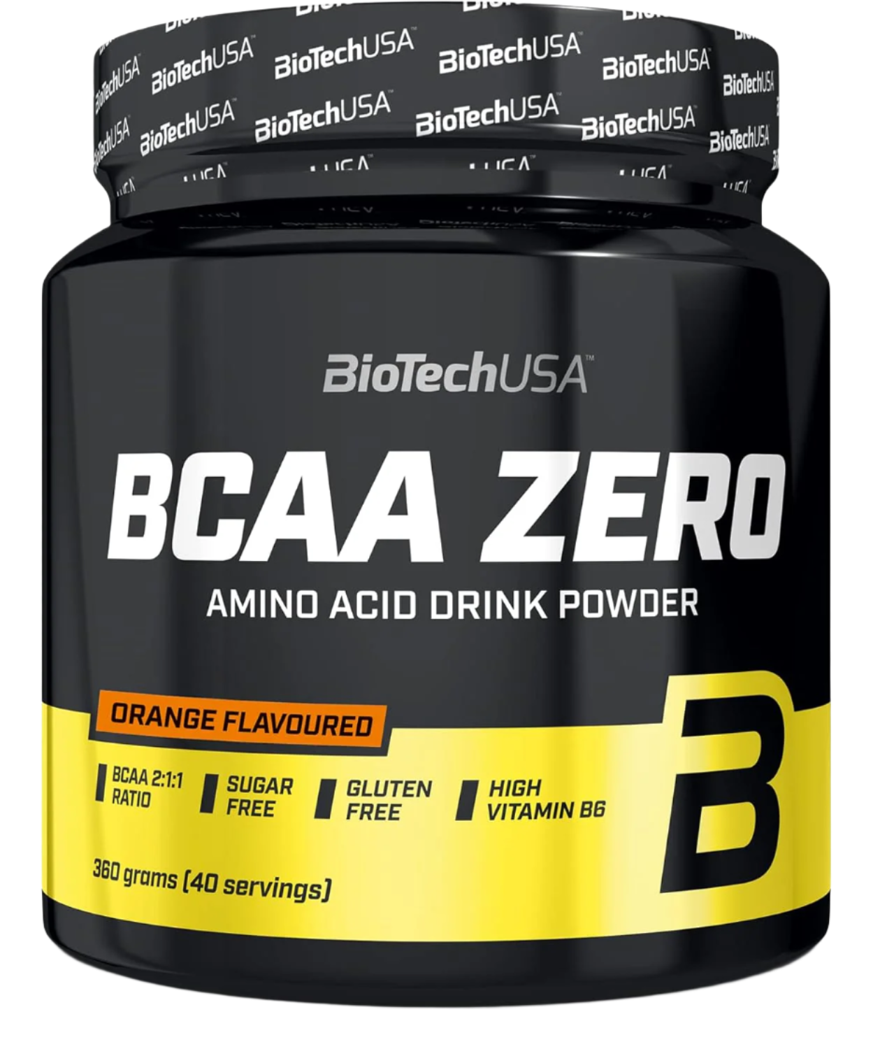 Black and yellow BioTech USA BCAA Zero container for orange flavored lean muscle drink