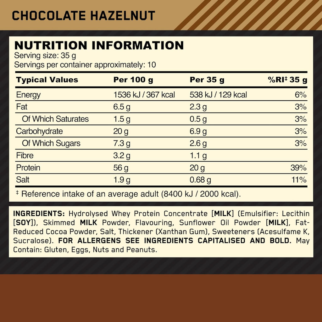 Nutritional info label for Optimum Nutrition Protein Hot Chocolate with protherma hydrolyzed whey