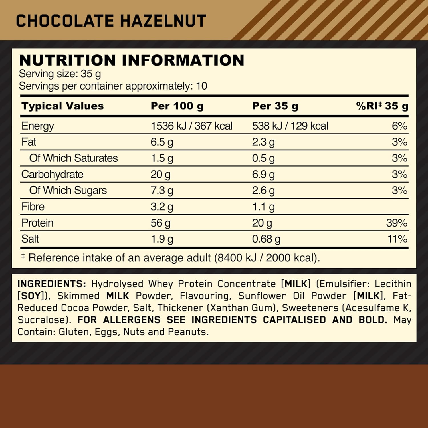 Nutritional info label for Optimum Nutrition Protein Hot Chocolate with protherma hydrolyzed whey