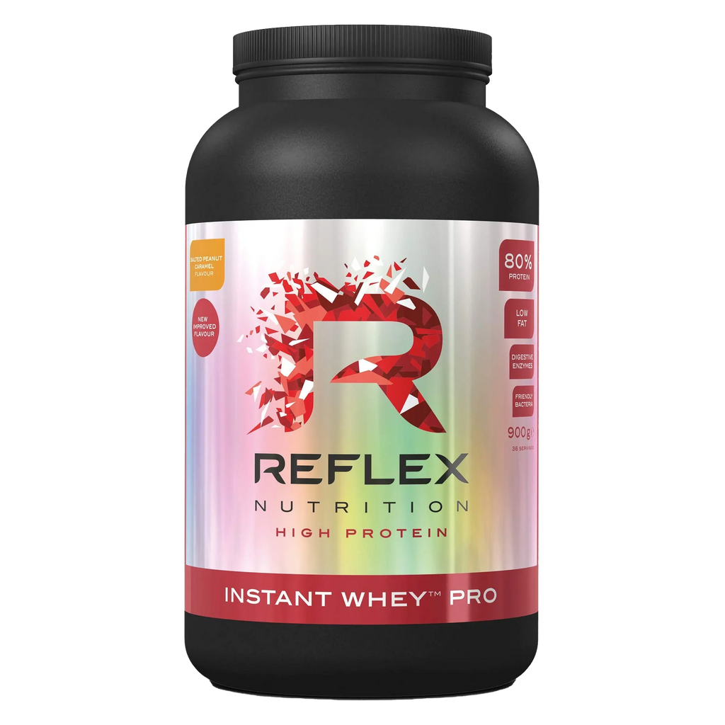 Black and red Reflex Nutrition Instant Whey Pro tub with metallic label for protein boost