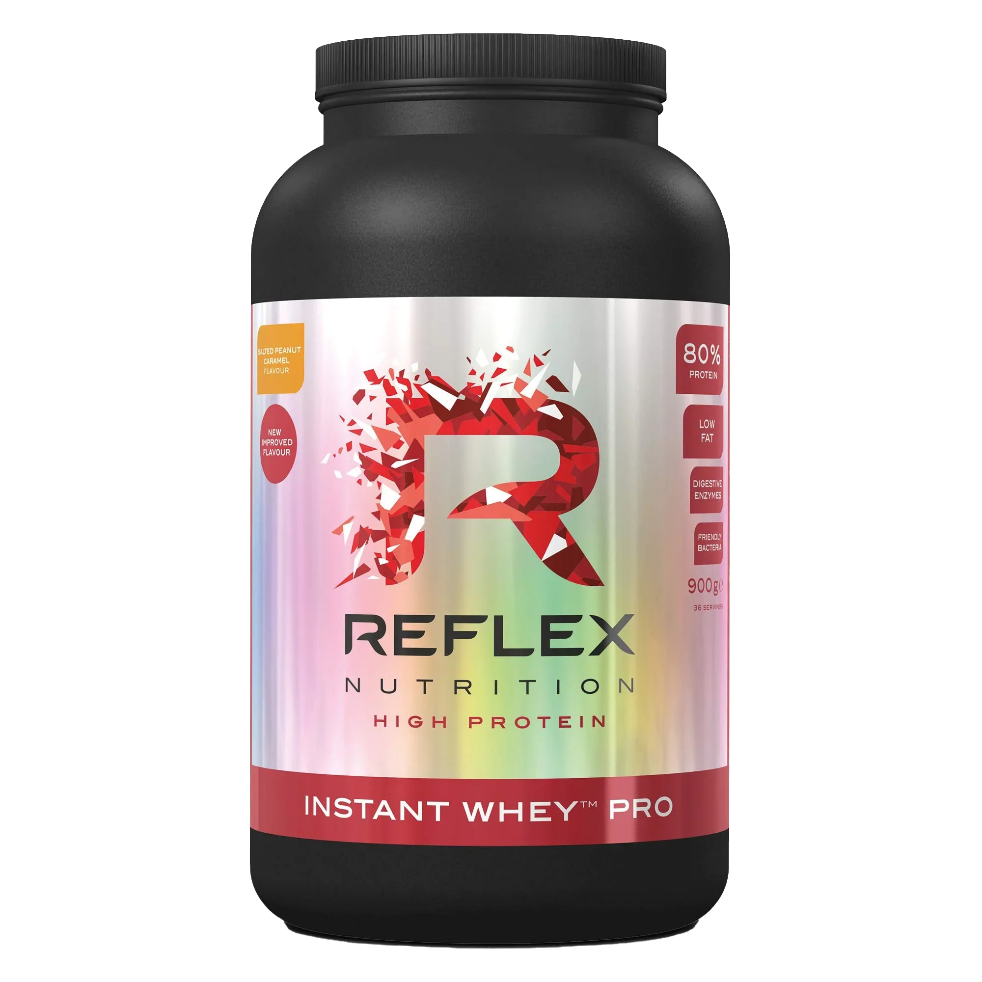 Black and red Reflex Nutrition Instant Whey Pro tub with metallic label for protein boost