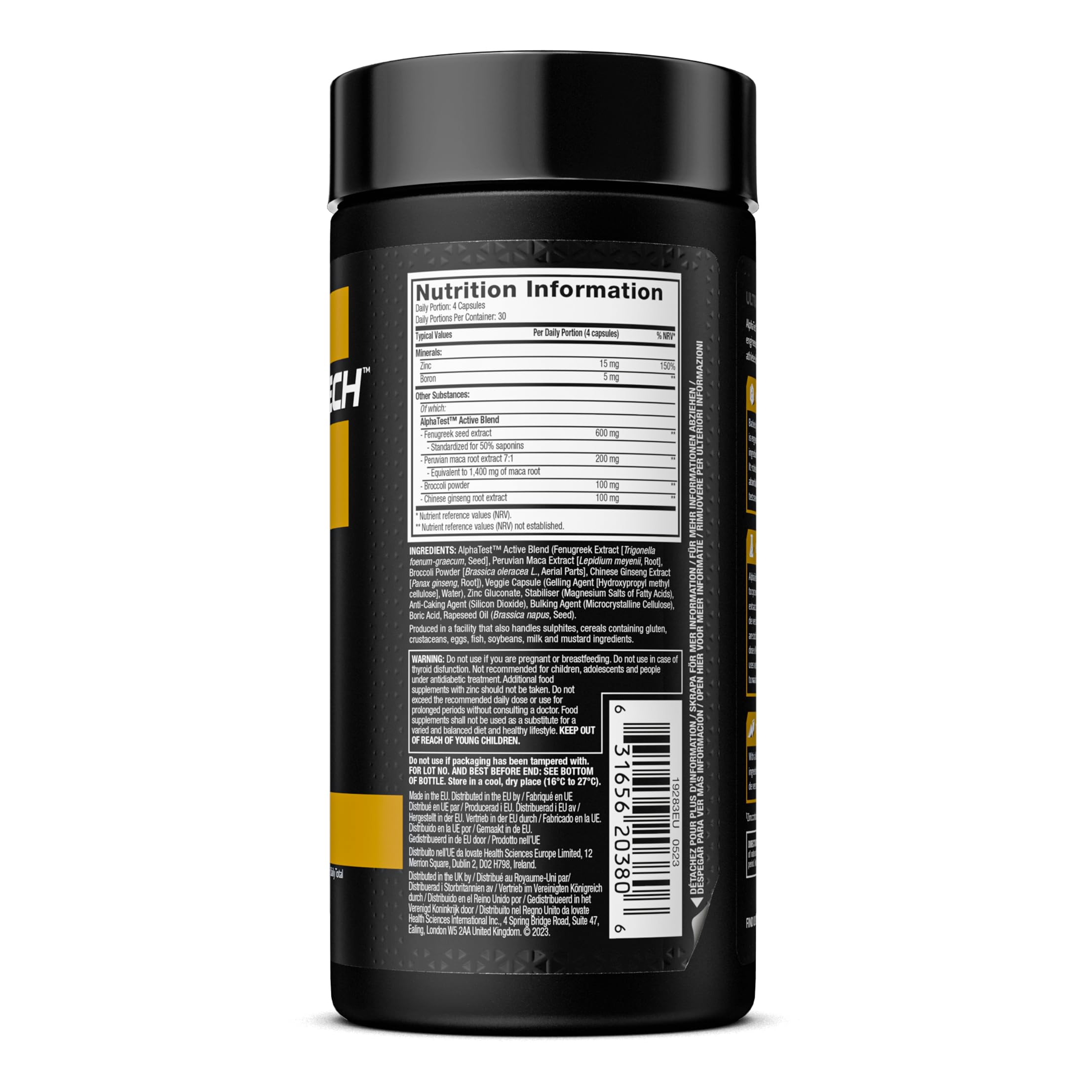 Muscletech Alpha Test black supplement bottle with zinc gluconate for testosterone production