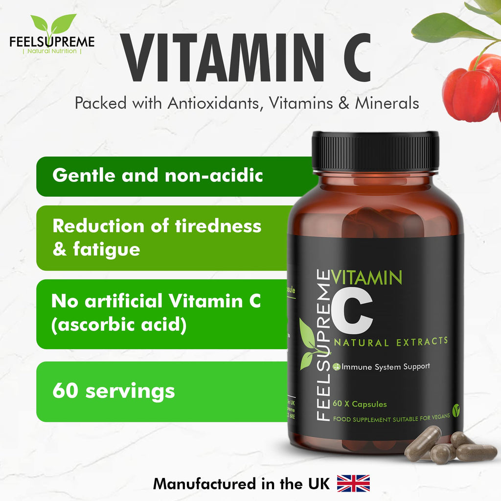 Feel Supreme Vitamin C supplement with acerola cherries, gentle non-acidic formula, 60 servings