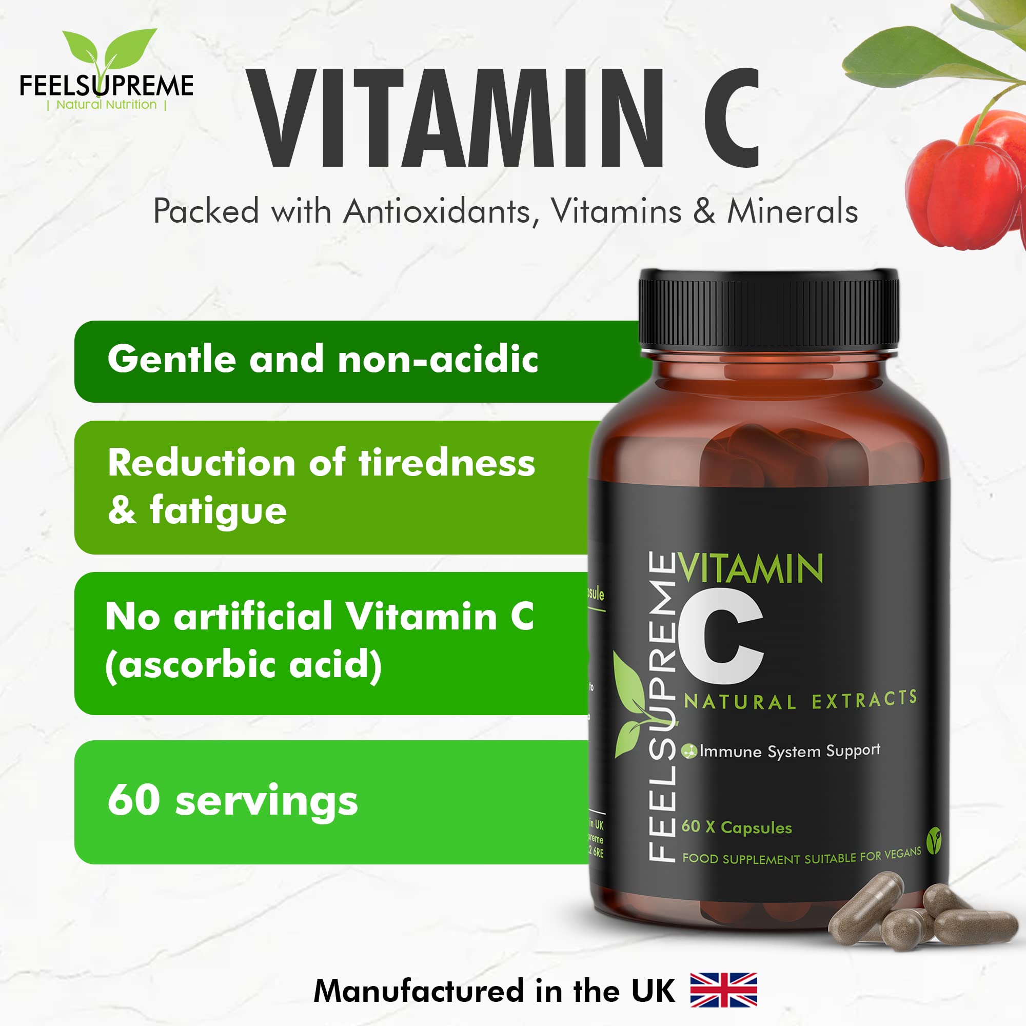 Feel Supreme Vitamin C supplement with acerola cherries, gentle non-acidic formula, 60 servings