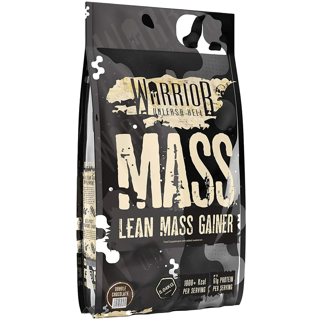 Black and white camouflage warrior lean mass gainer supplement bag for muscle boost