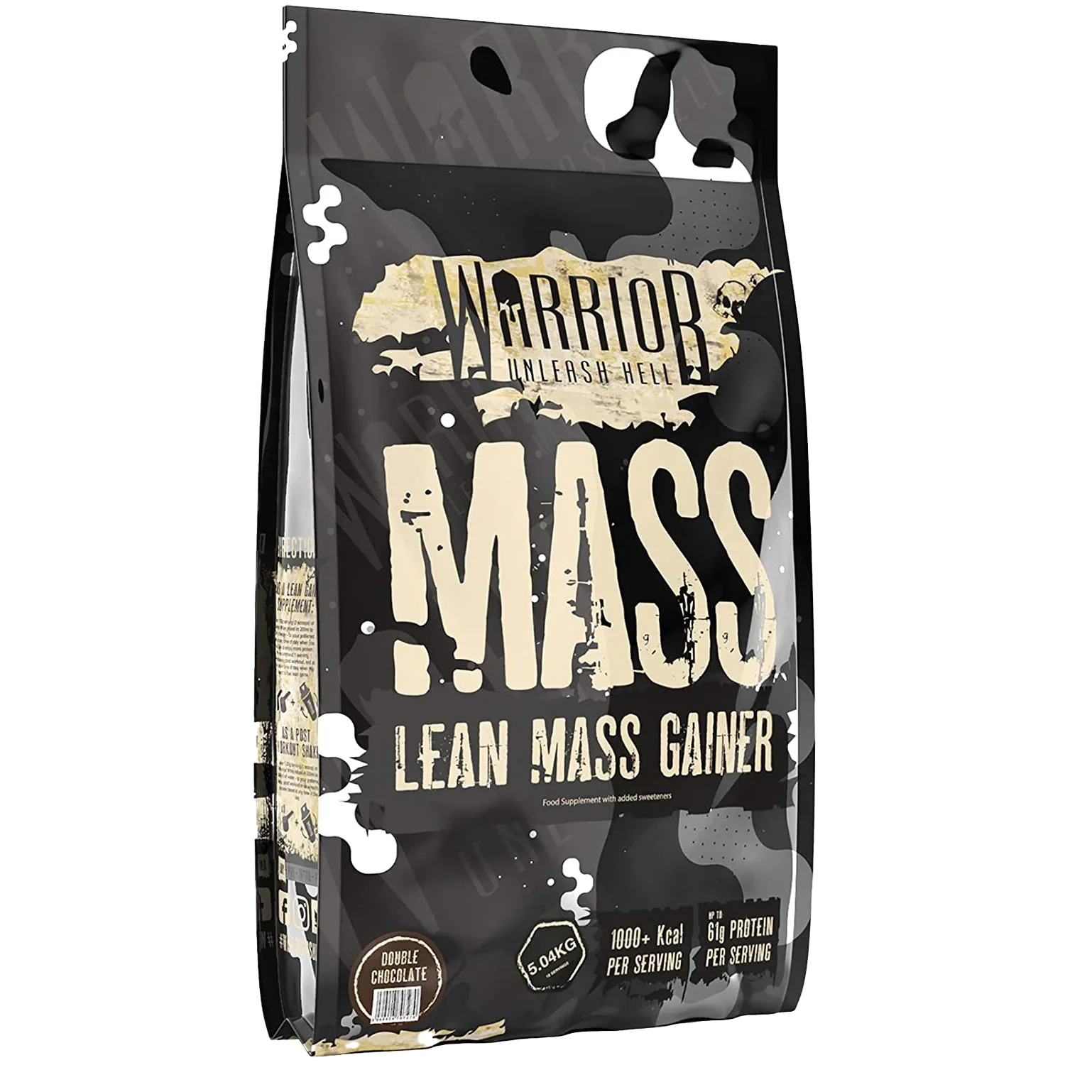 Black and white camouflage warrior lean mass gainer supplement bag for muscle boost