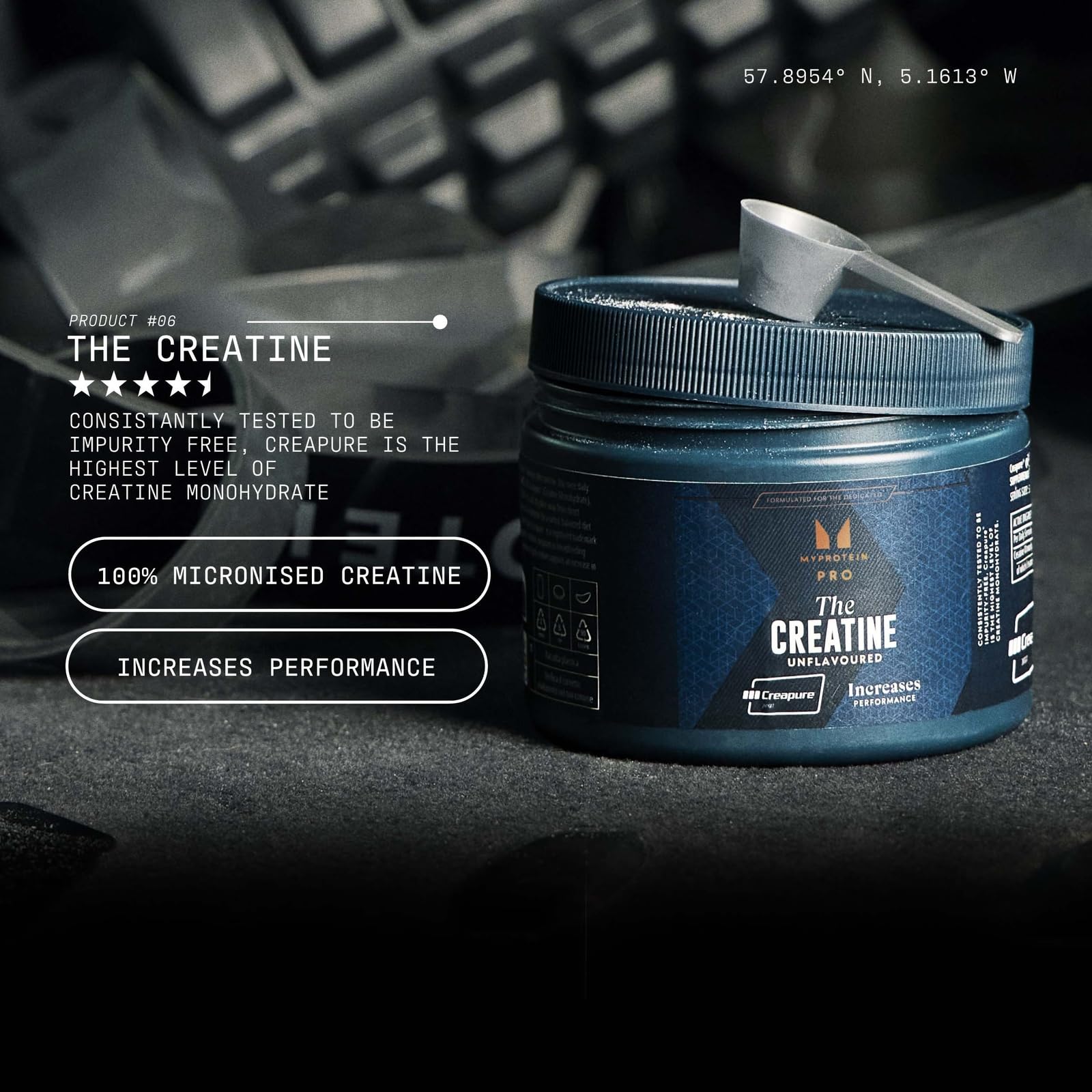 MyProtein Creatine Creapure container with scoop, micronized creatine for power output