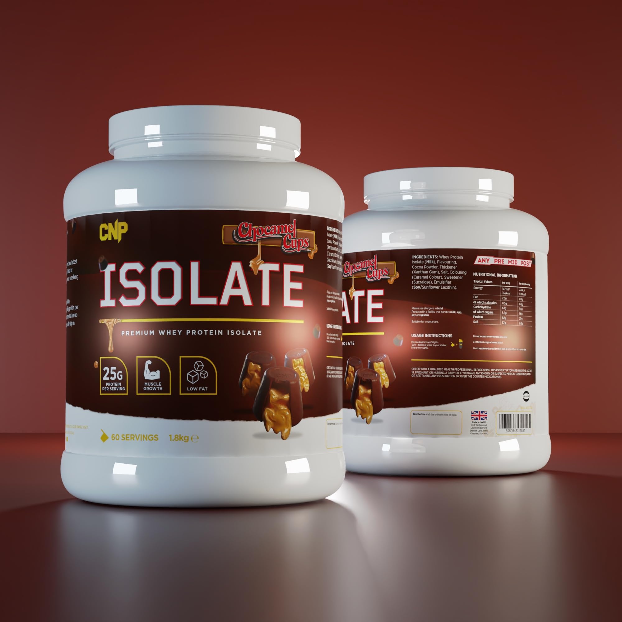 Two CNP Isolate tubs of chocolate-flavored whey protein isolate with essential amino acids