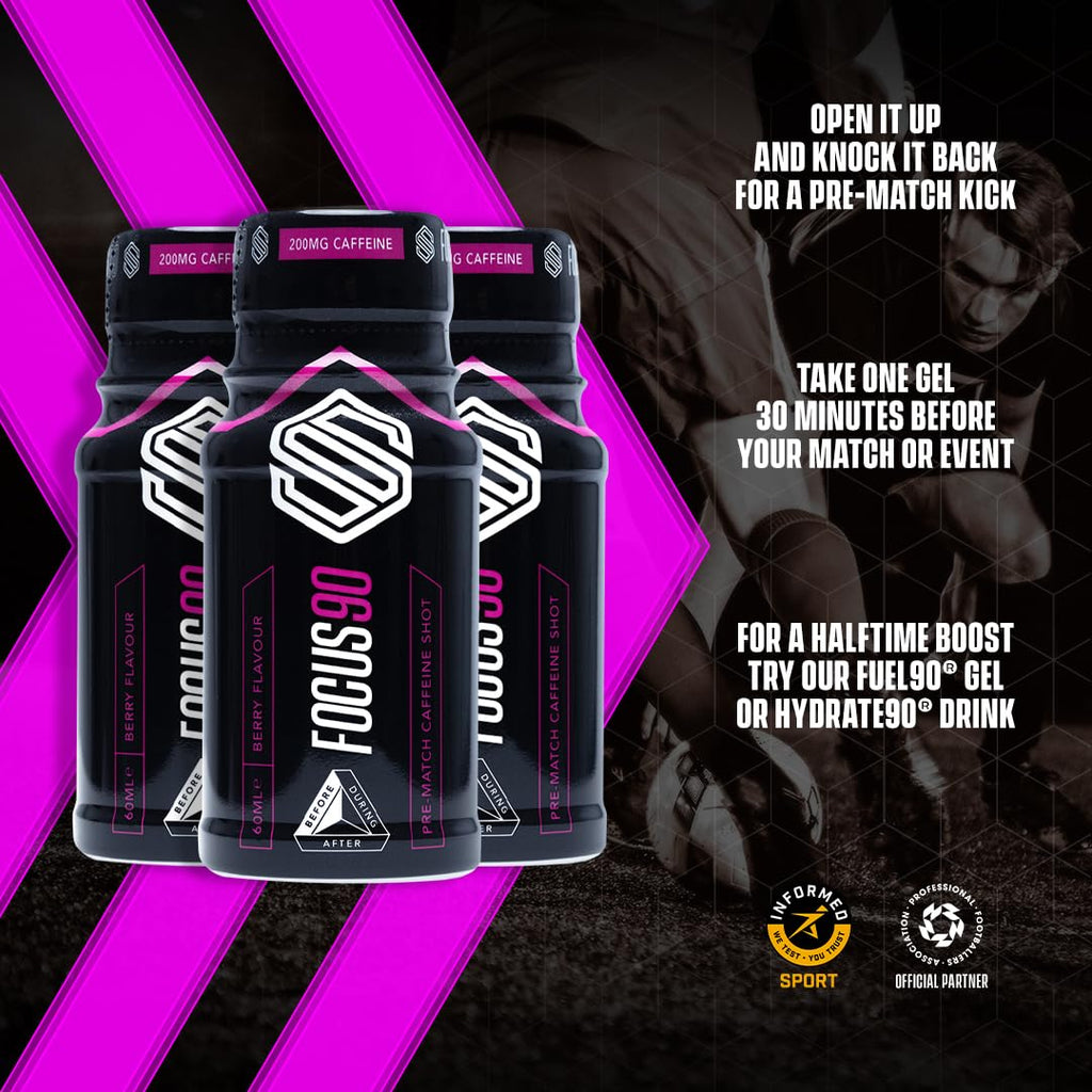 Three dark-colored Soccer Supplement Focus Shot caffeinated drinks with pink accents, mixed berry flavor