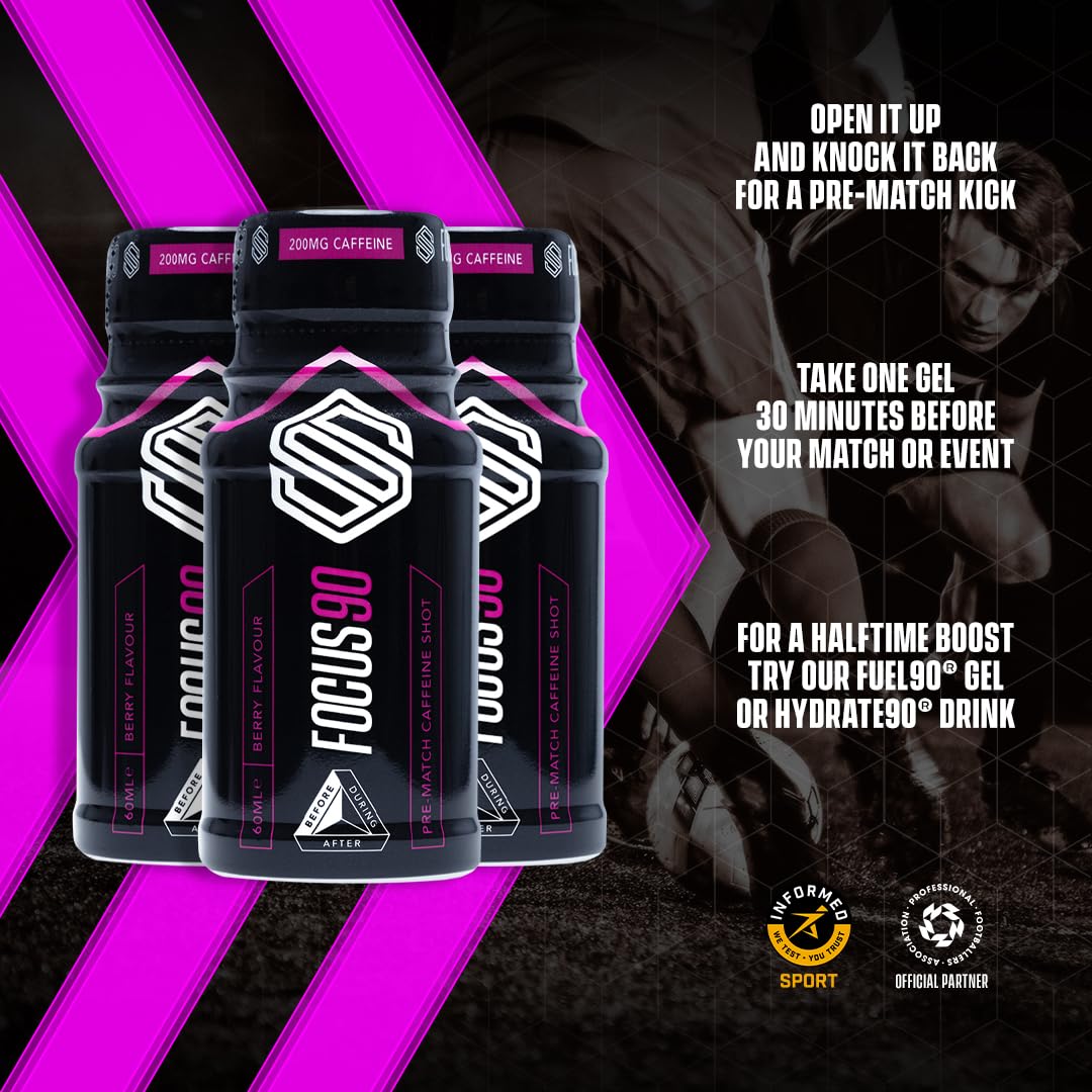 Three dark-colored Soccer Supplement Focus Shot caffeinated drinks with pink accents, mixed berry flavor