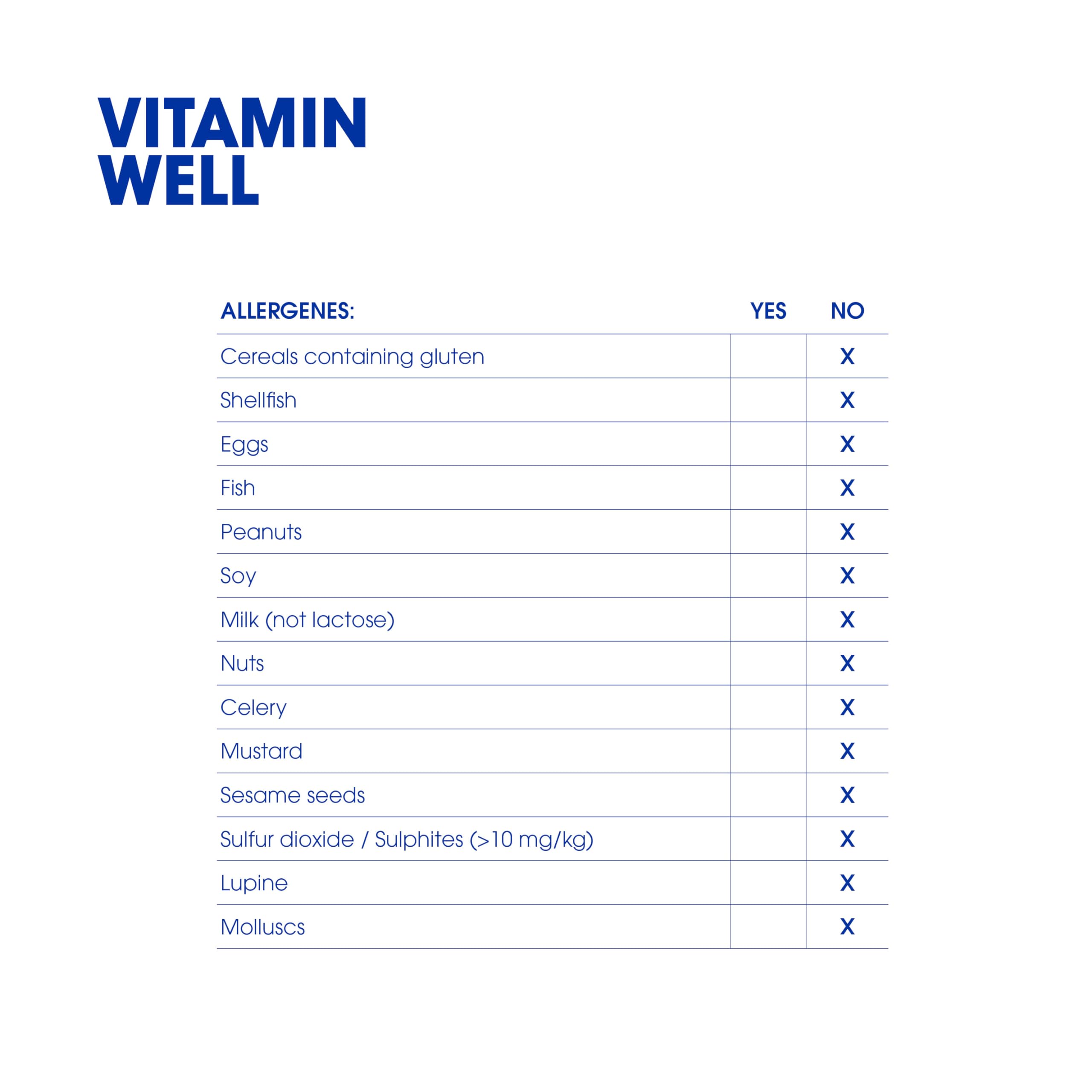 Allergen info chart for Vitamin Well Enhance Orange to support healthy lifestyle