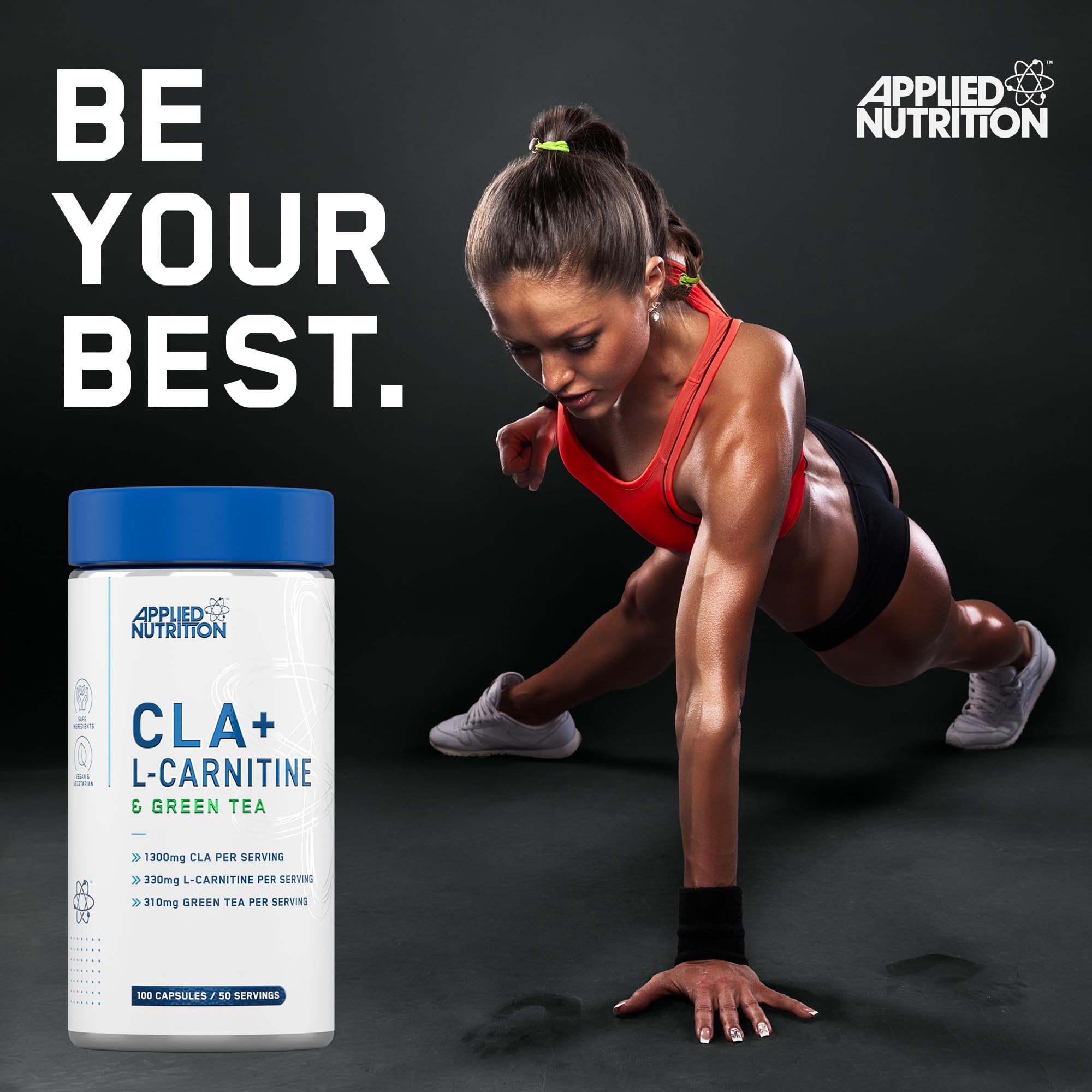 White Applied Nutrition bottle with blue cap featuring conjugated linoleic acid and green tea extract for better body composition