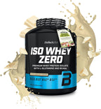 Black plastic tub of White Chocolate Flavored Protein Powder Biotech USA Iso Whey Zero Lactose Free