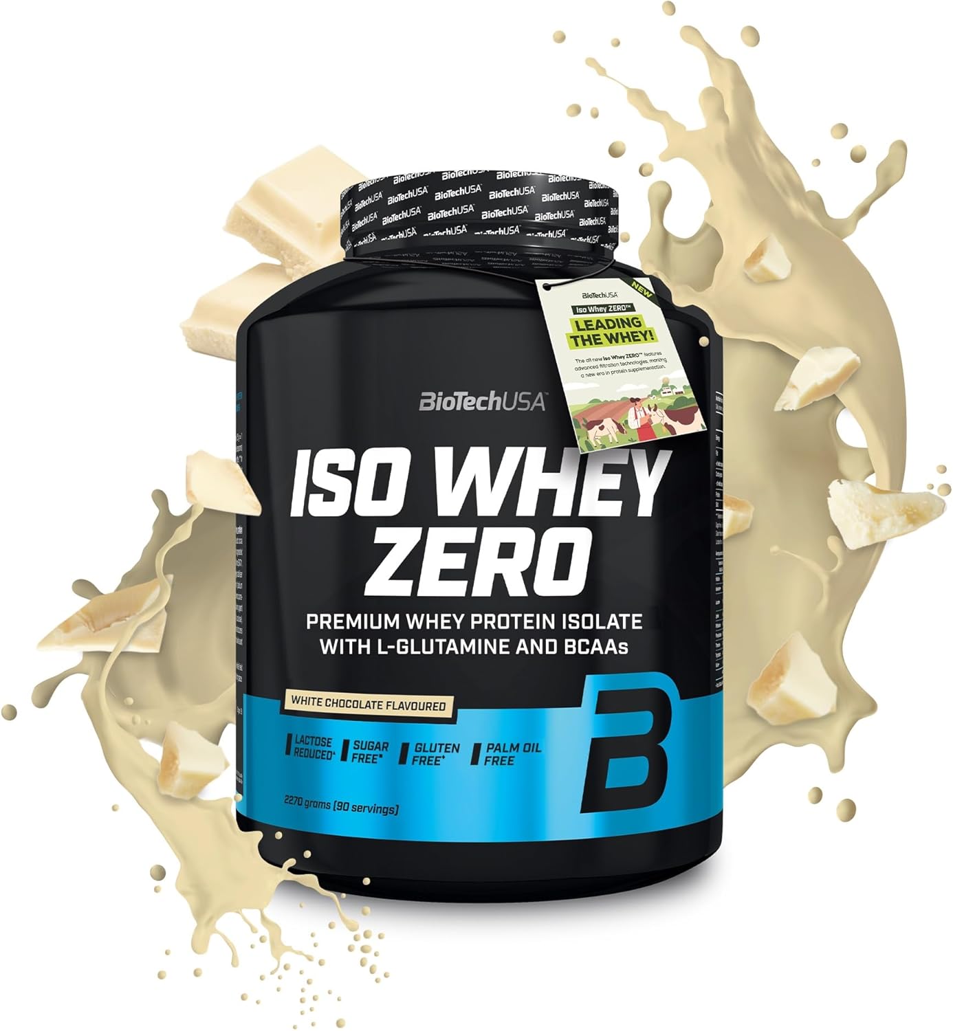 Black plastic tub of White Chocolate Flavored Protein Powder Biotech USA Iso Whey Zero Lactose Free