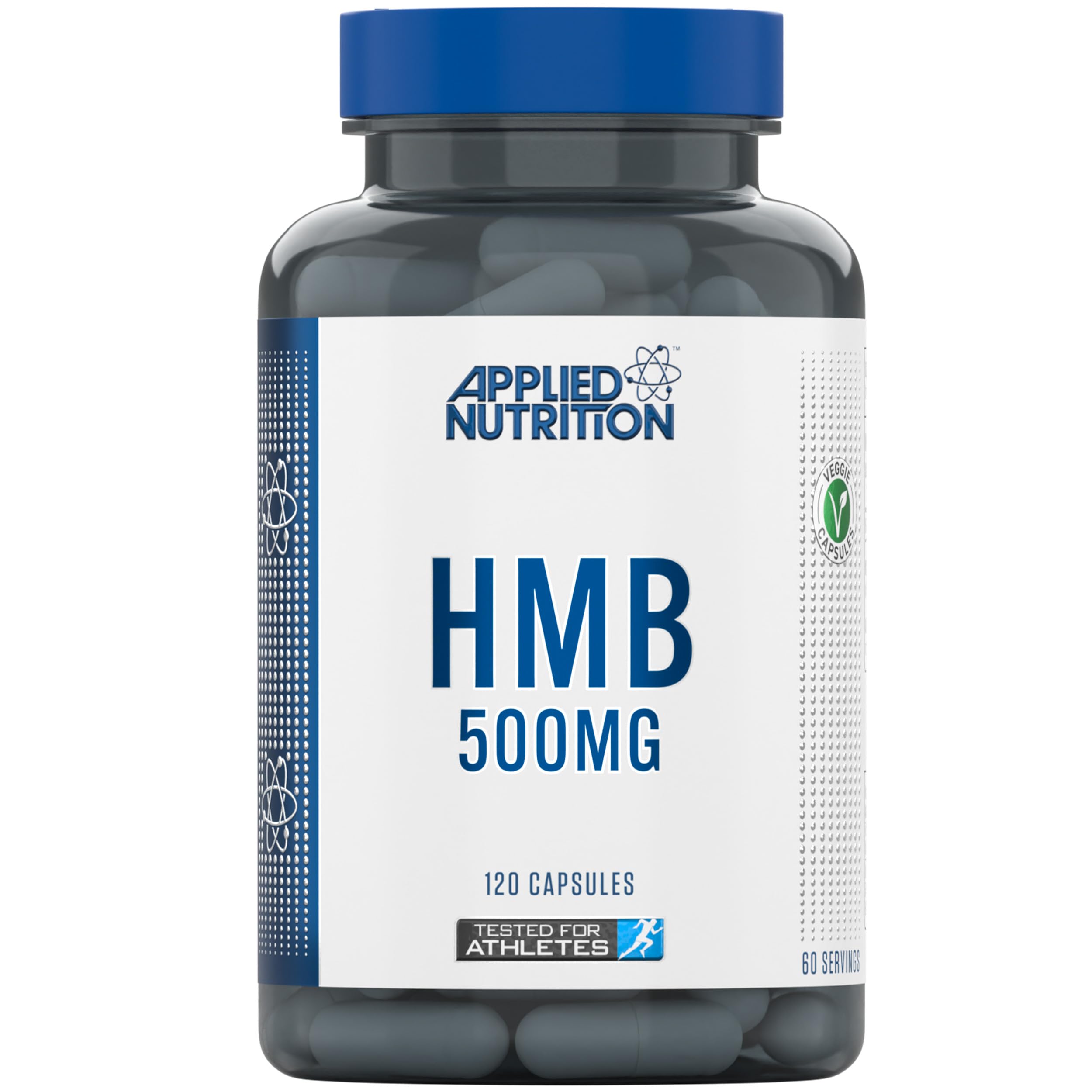 Dark grey bottle of Applied Nutrition HMB 500MG with plant-based veggie capsules