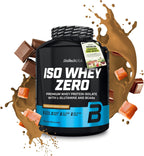 Black tub of Biotech USA Iso Whey Zero Lactose Free chocolate toffee protein isolate