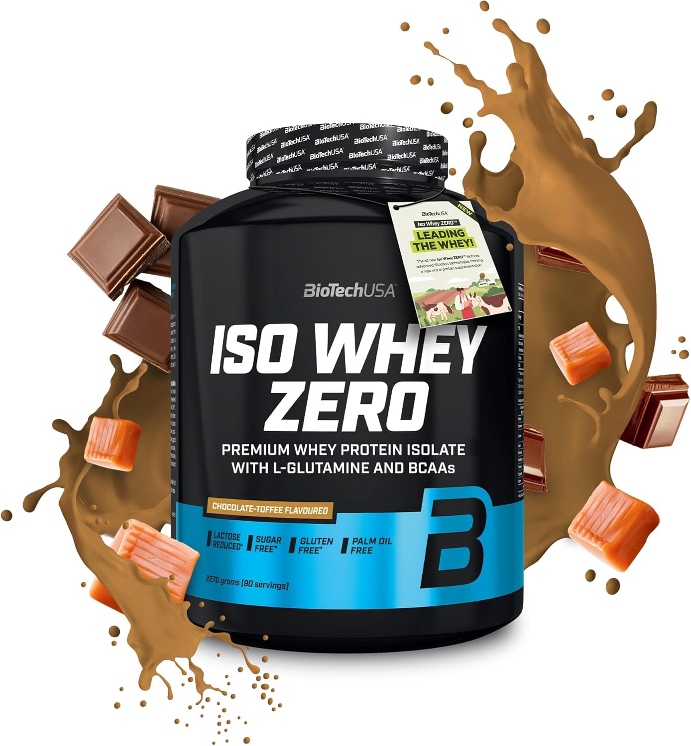 Black tub of Biotech USA Iso Whey Zero Lactose Free chocolate toffee protein isolate