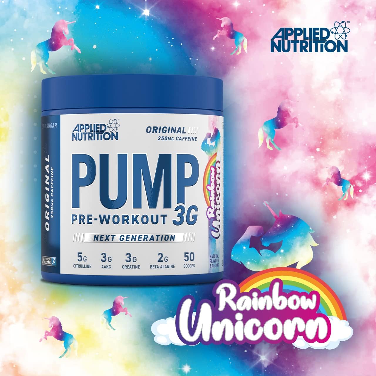 Blue tub of Applied Nutrition Pump 3G pre-workout supplement for energy and focus