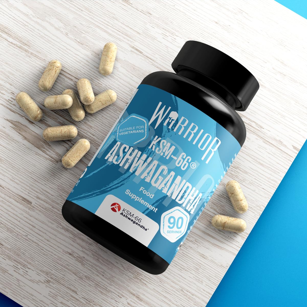 Warrior Ashwagangha bottle with KSM-66 Ashwagandha capsules for enhanced energy