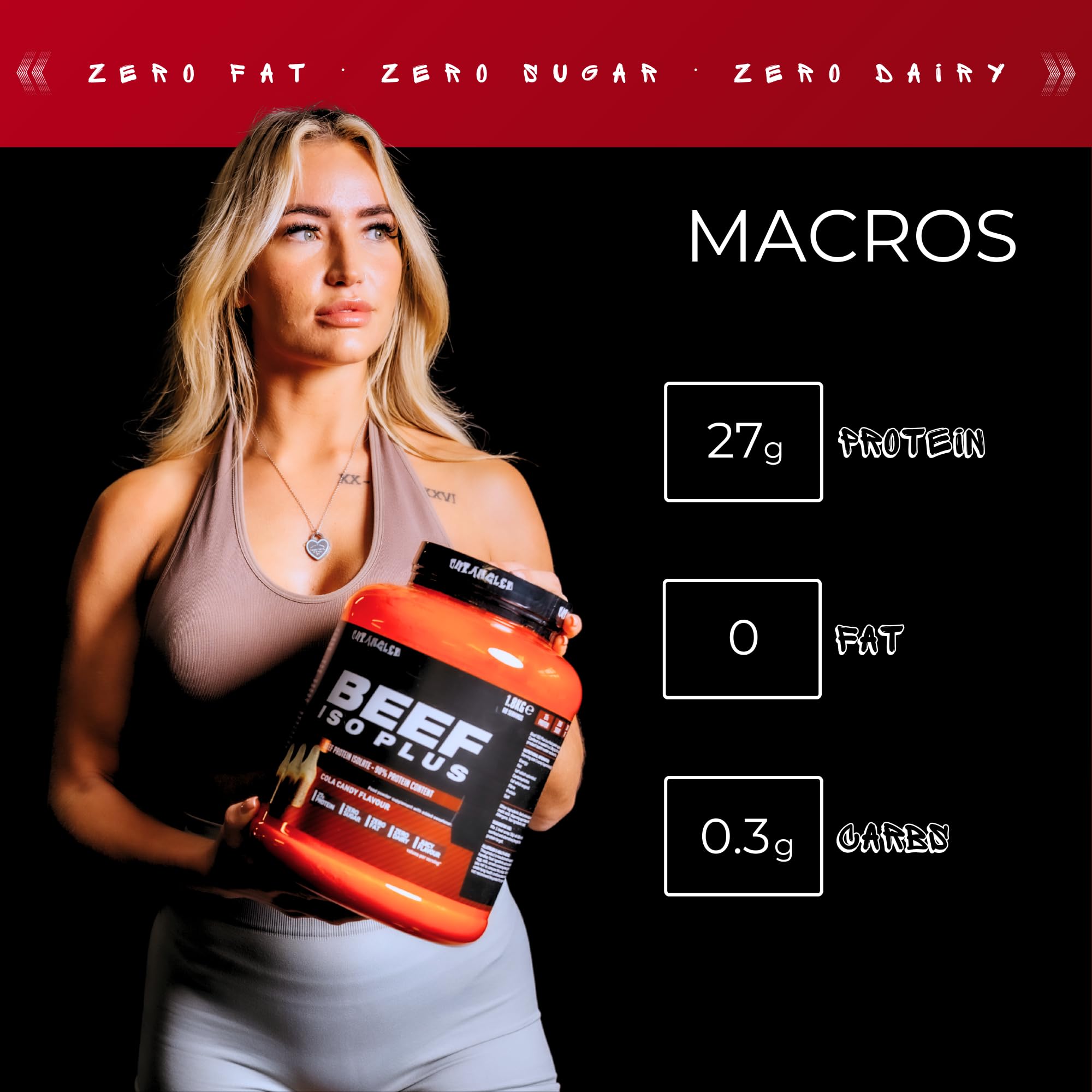 Blonde woman in athletic wear holding Outangled Beef Iso Plus with macros info on screen