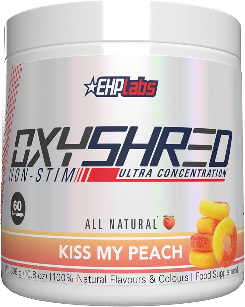 White tub of EHP Labs OxyShred Non-Stim fat loss supplement powder with 60 servings