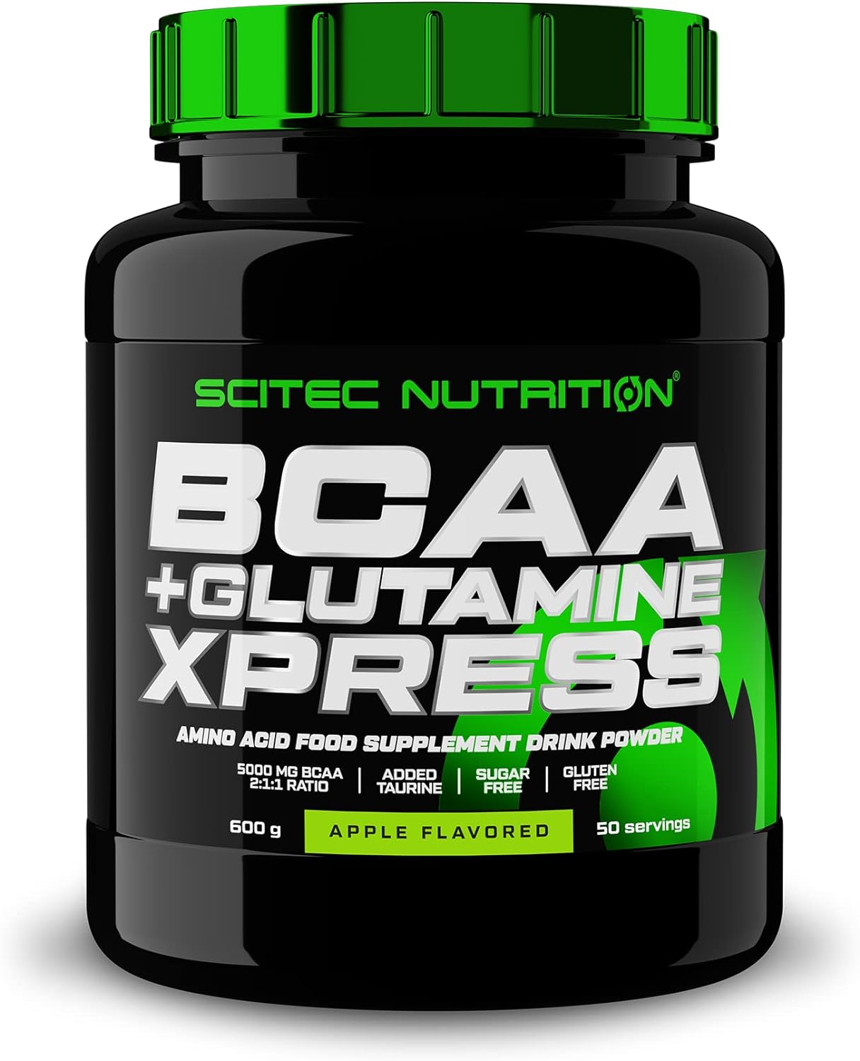 Black and green Scitec Nutrition BCAA + Glutamine Xpress tub with apple-flavored amino acids