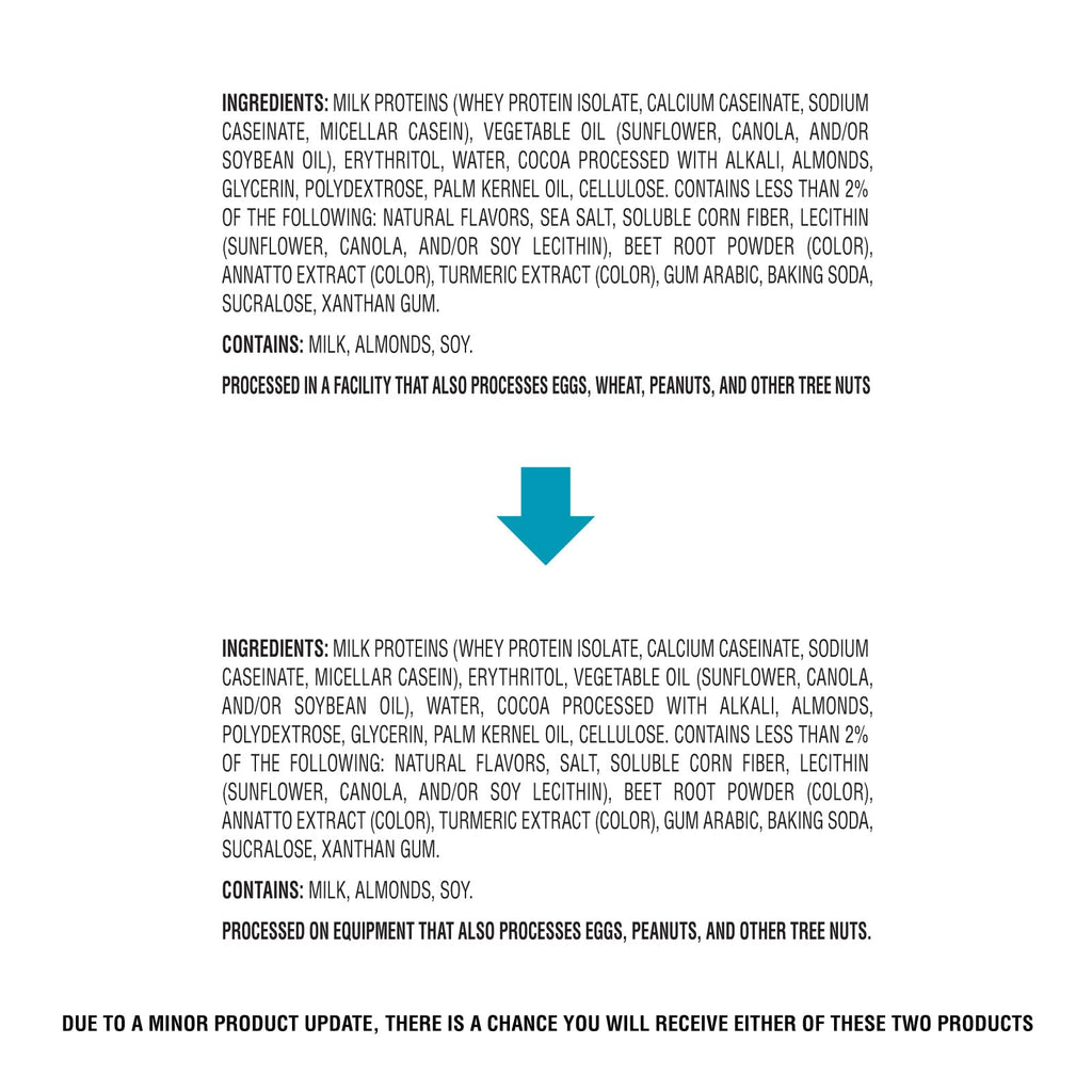 Ingredient lists for Quest Frosted Cookies twin packs with different processing for chocolate cake flavor