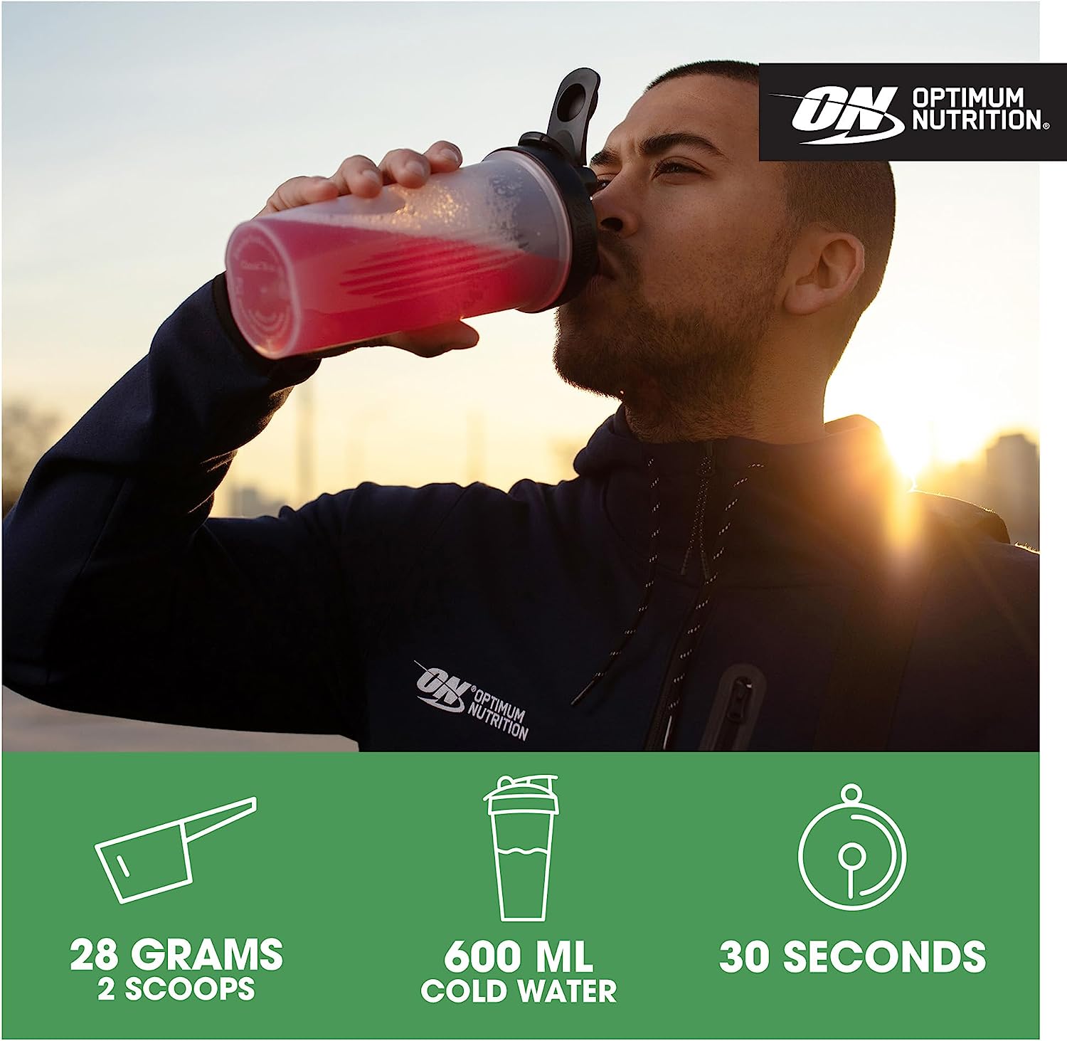 Man drinking Optimum Nutrition Clear Protein with vegan formula and naturally occurring BCAAs