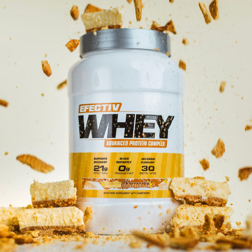 White and yellow Efectiv Nutrition Whey Protein tub with vanilla cheesecake flavor for lean muscle