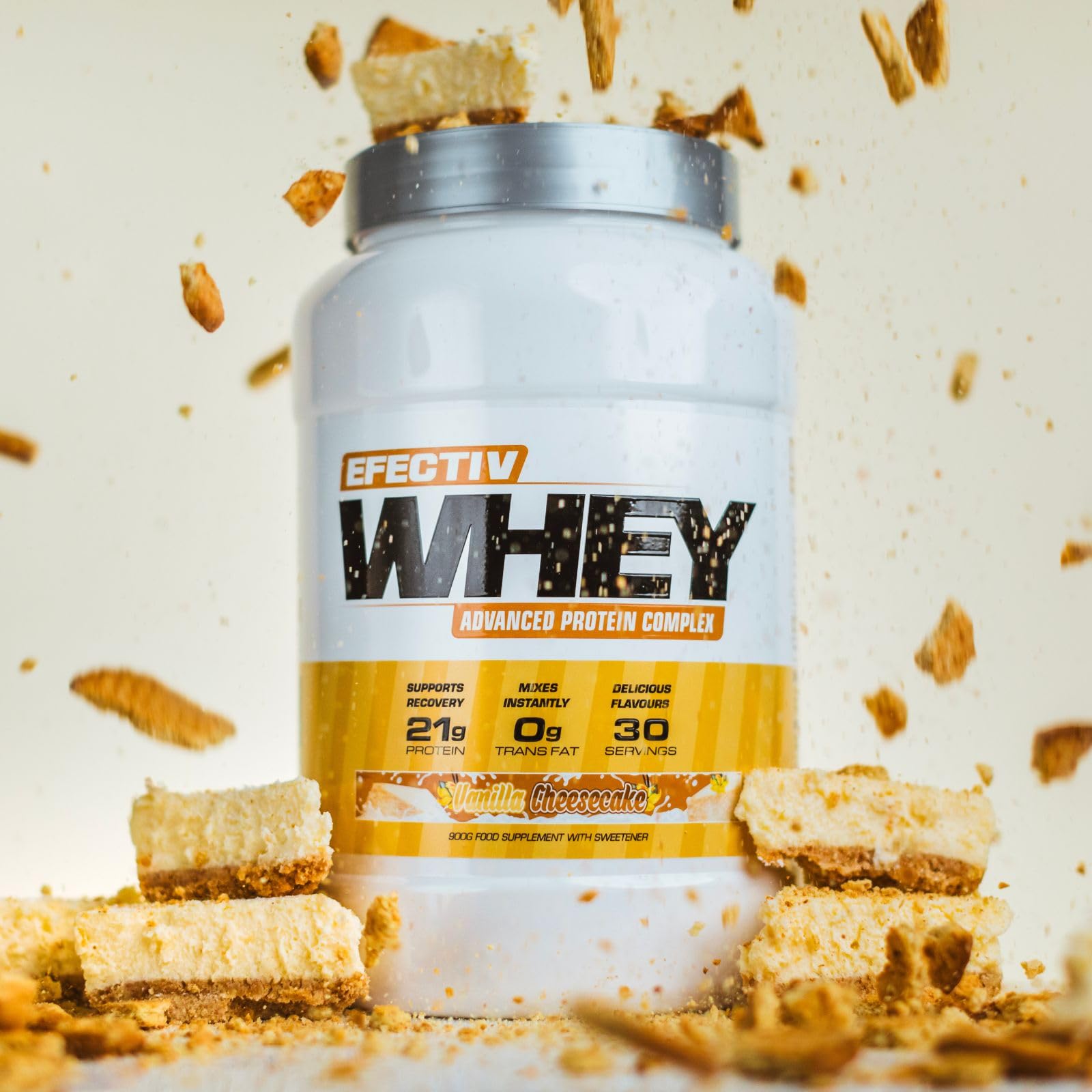 White and yellow Efectiv Nutrition Whey Protein tub with vanilla cheesecake flavor for lean muscle