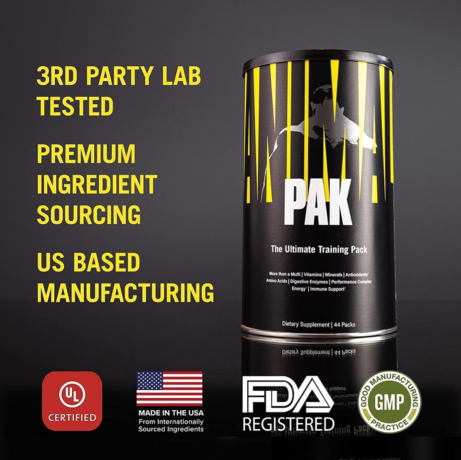 Animal Pak supplement container with great-tasting powder, black and yellow design
