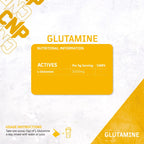 Nutritional info of CNP Glutamine showing pure L-Glutamine Monohydrate for muscle recovery