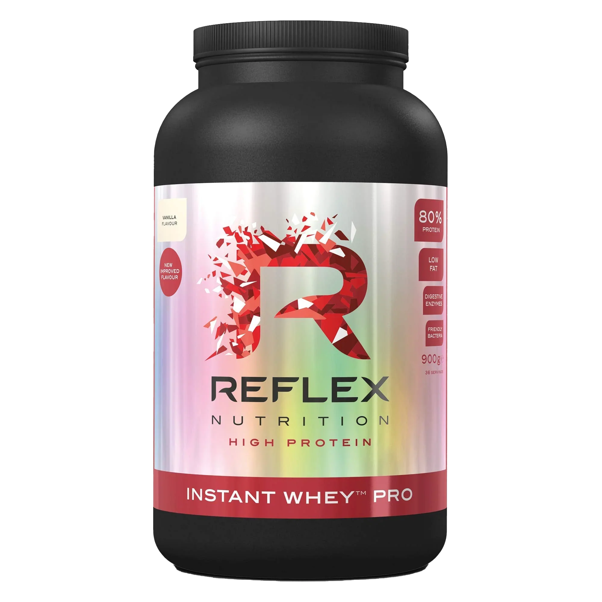 Black Reflex Nutrition Instant Whey Pro tub with flavors, high protein, low fat, enzymes