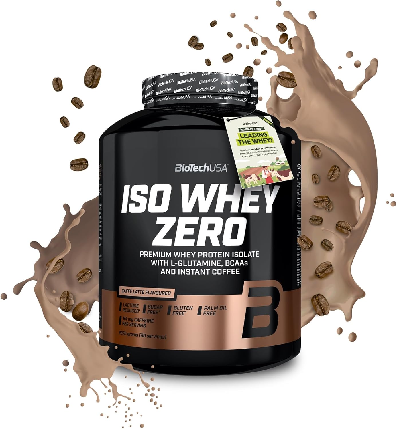 Black and copper Biotech USA Iso Whey Zero Lactose Free coffee protein powder container