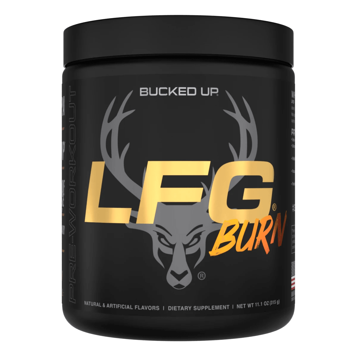 Black Bucked UP LFG pre-workout container with deer logo for transforming stored fat