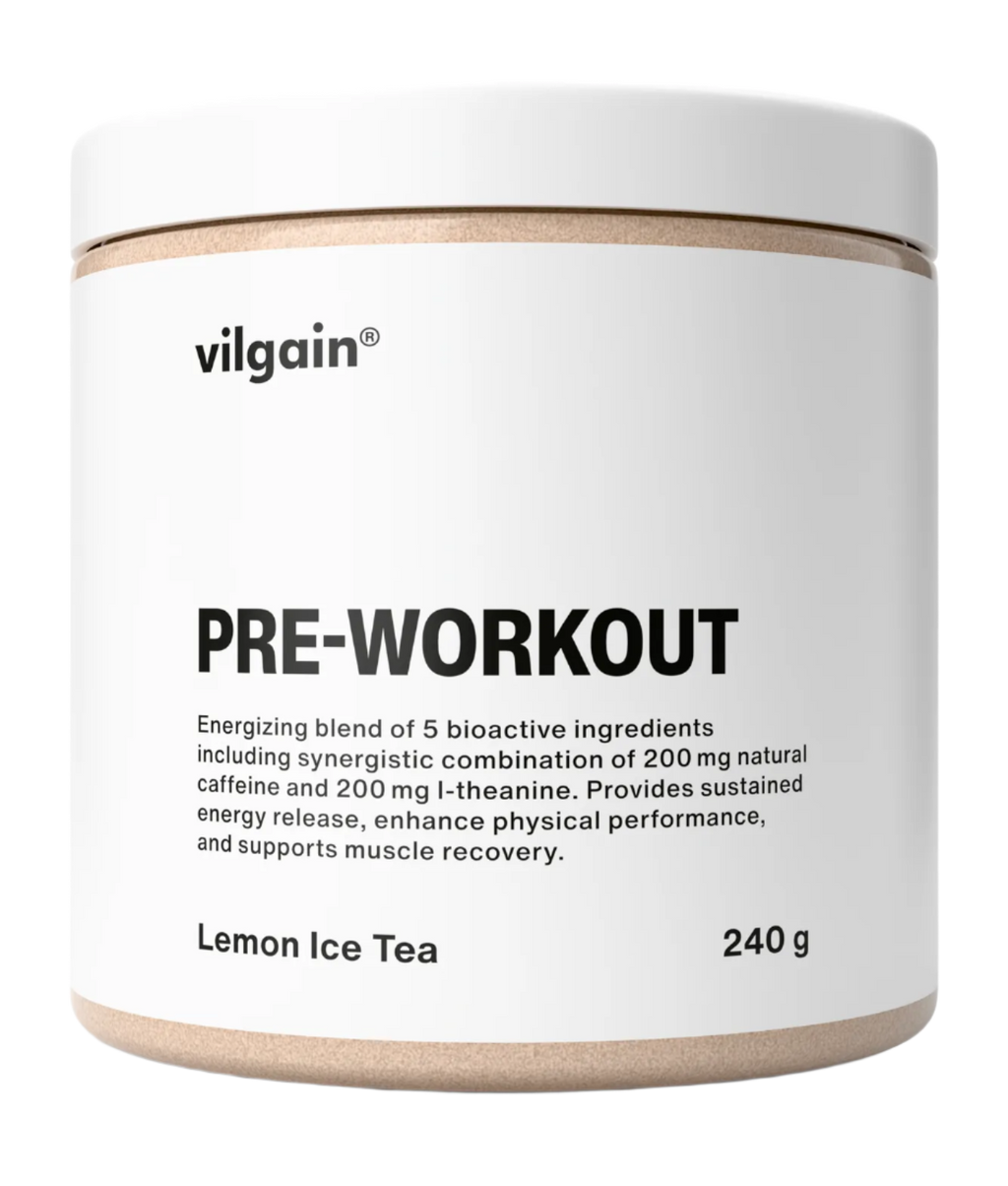 White Vilgain Pre-Workout container with L-Citrulline Malate and Natcaff® caffeine