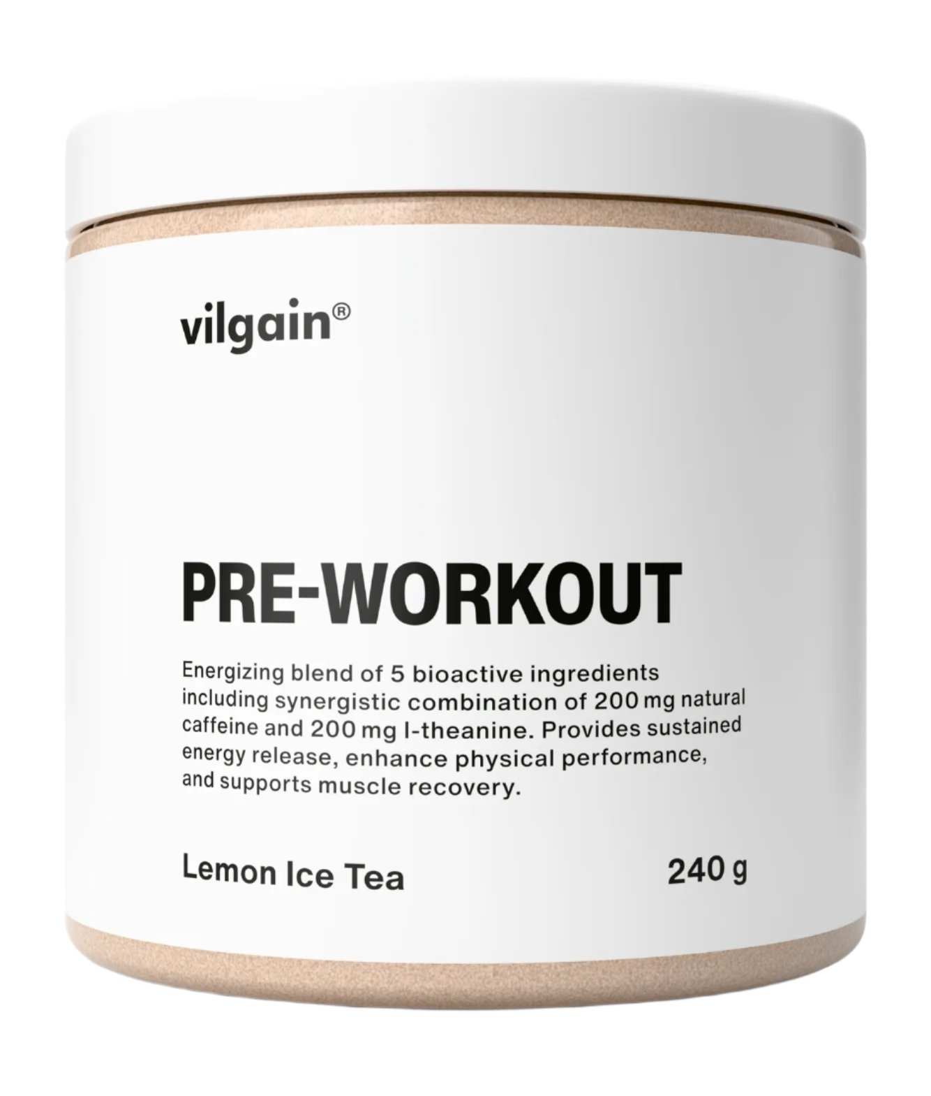 White Vilgain Pre-Workout container with L-Citrulline Malate and Natcaff® caffeine