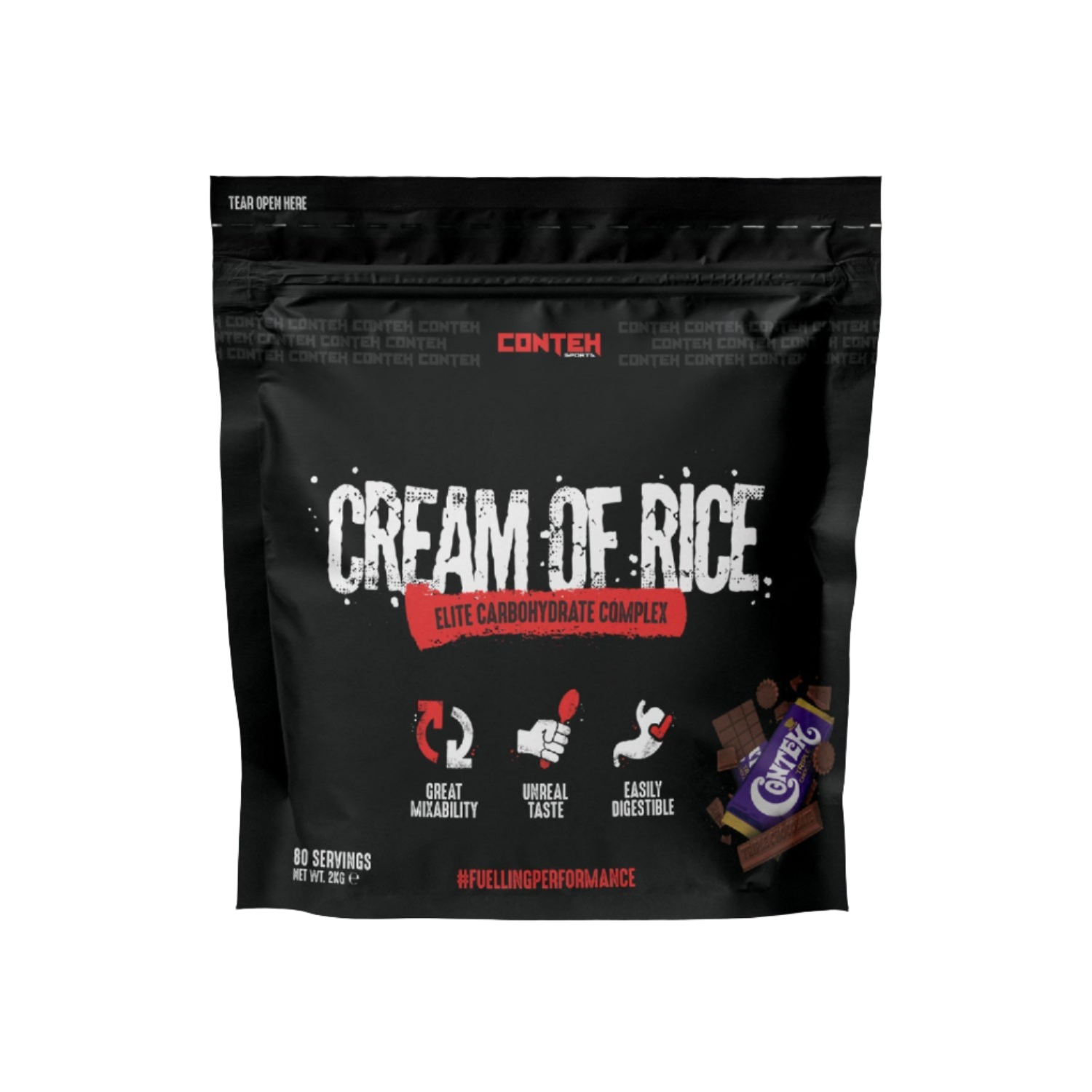 Black Conteh Sports Cream of Rice pouch with chocolate bar for energy boost