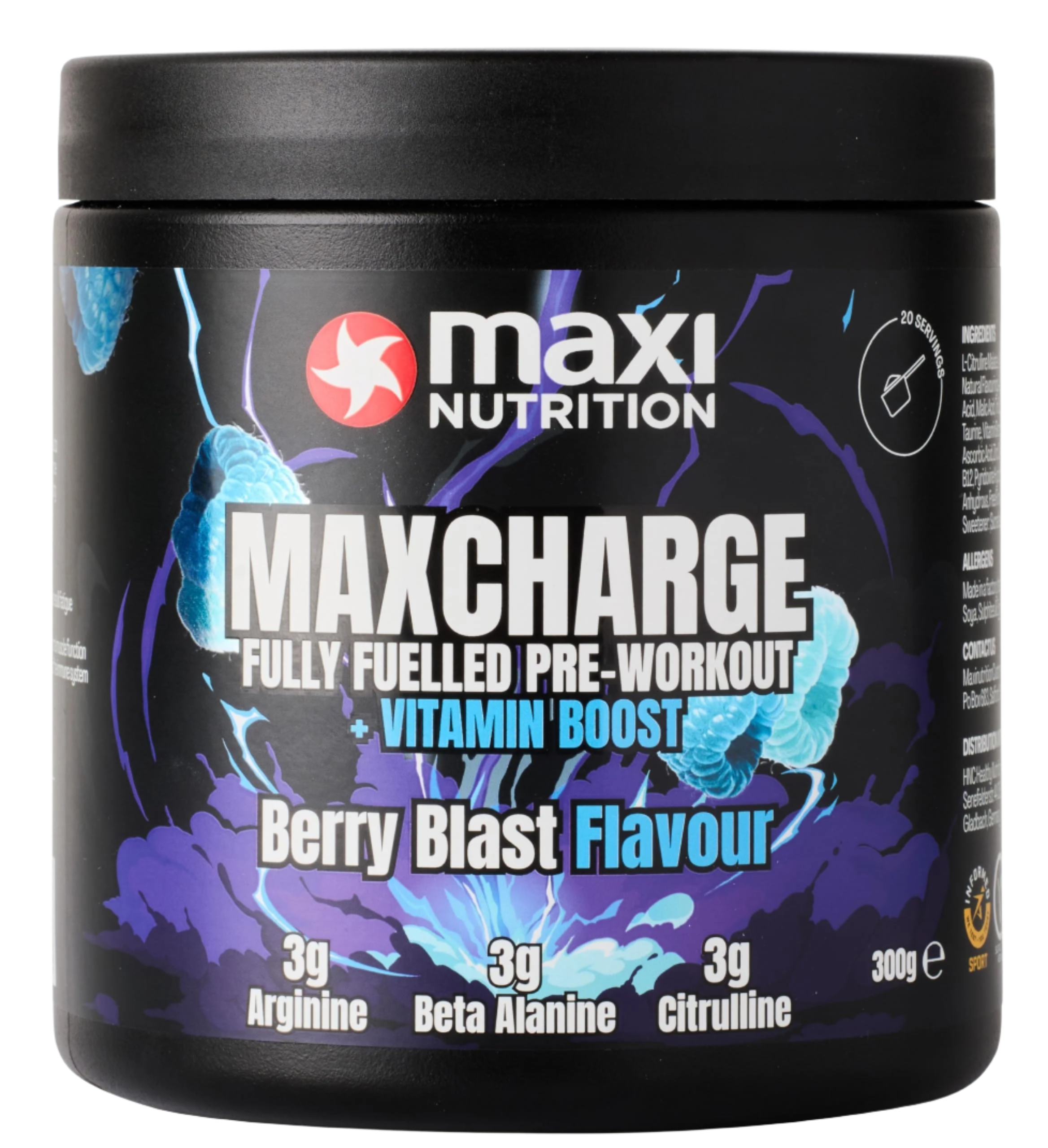 Maxi Nutrition Max Charge Vitamin Boosted Pre-Workout tub with Berry Blast flavor